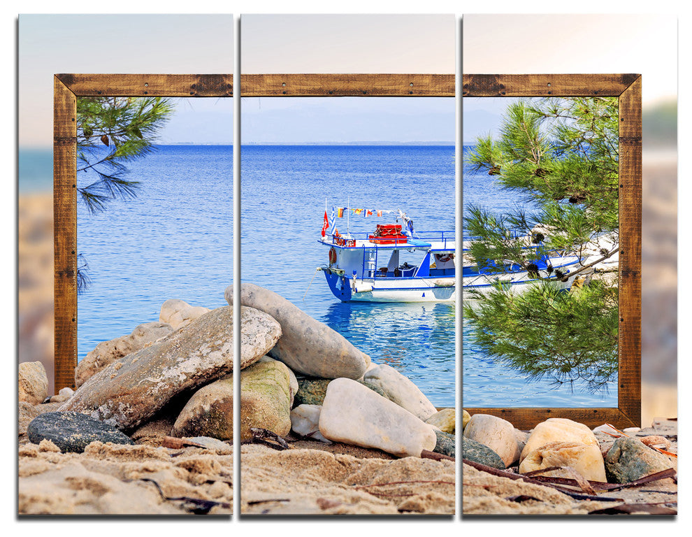 "Framed Boat in Ocean" Art Canvas Print, 3 Panels, 36"x28"