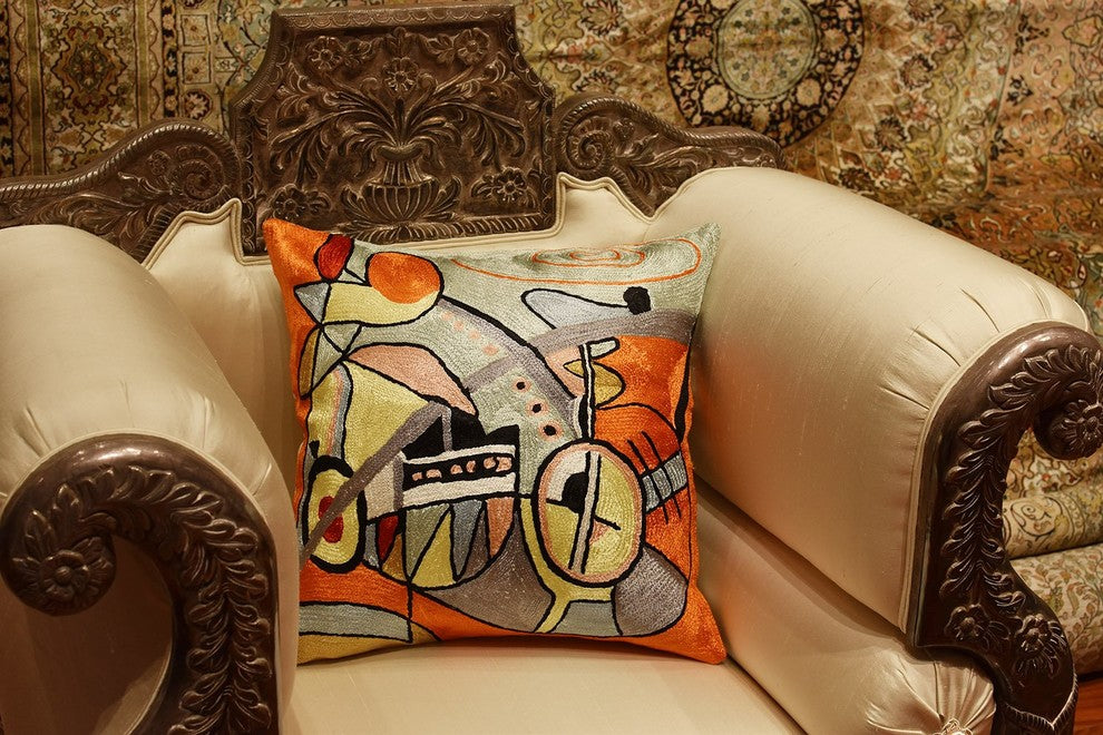Kandinsky Symphony III Orange Pillow Cover Handembroidered Art Silk 18x18"