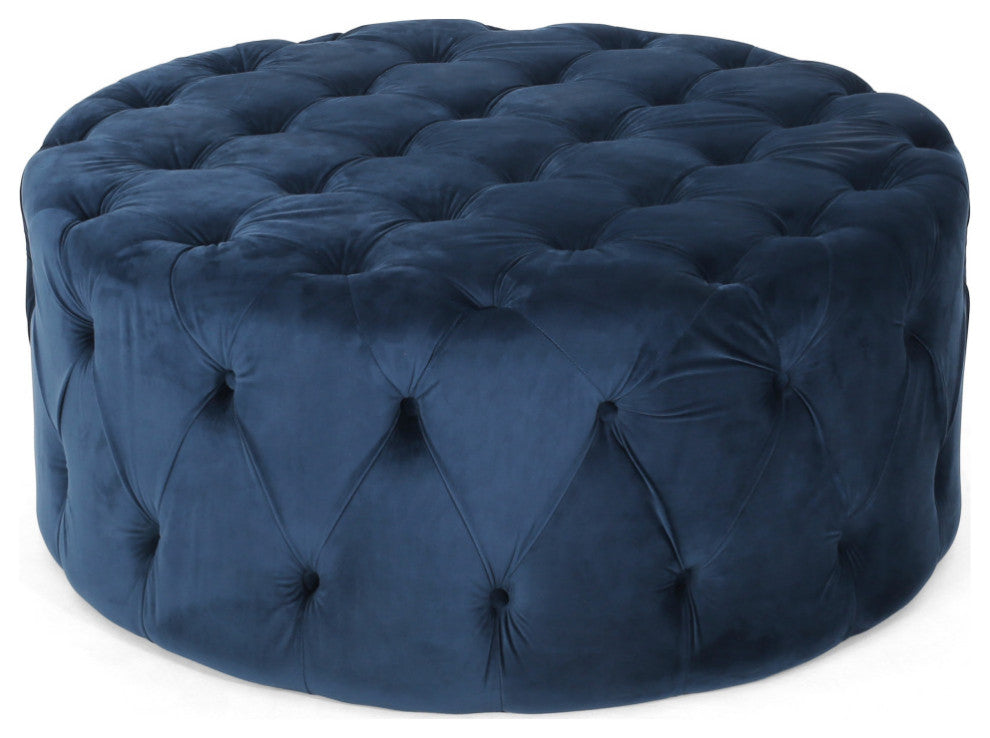 GDF Studio Limosa Round Tufted Velvet Ottoman, Blue