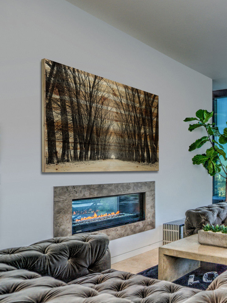 "Tree Path" Print on Natural Pine Wood, 60"x40"