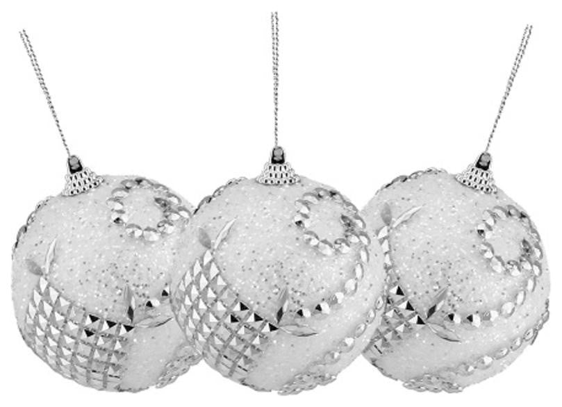 White and Silver Beaded and Glittered Christmas Ornaments, Set of 3