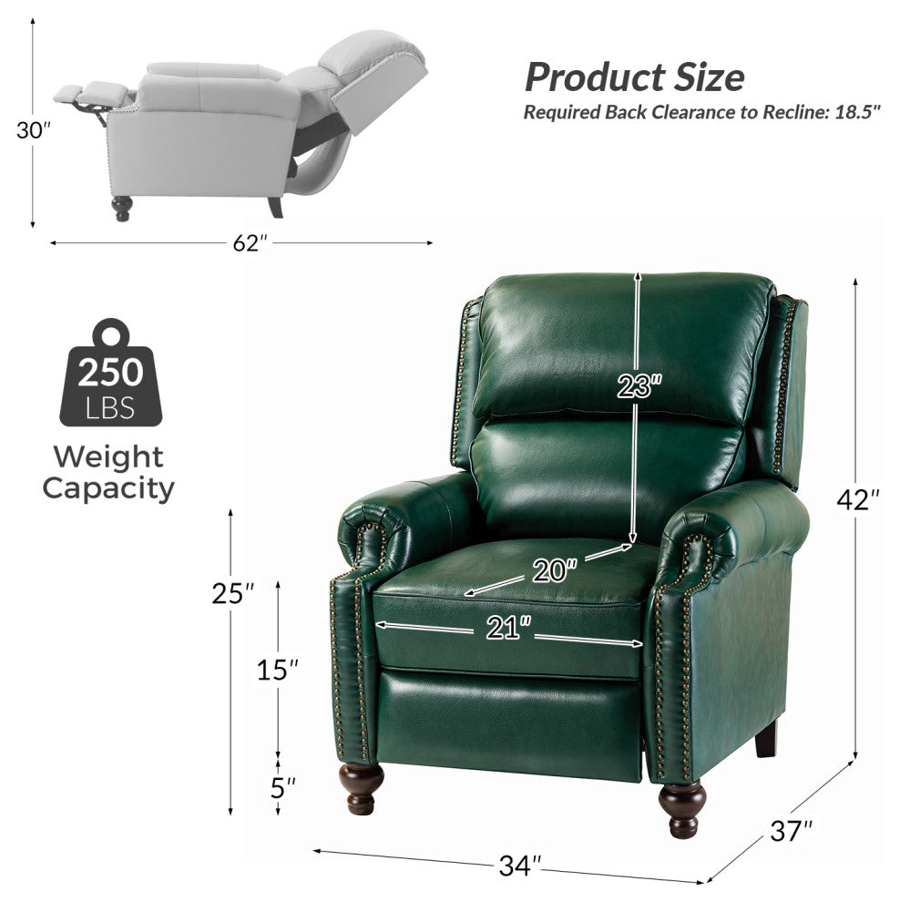 Genuine Leather Cigar Recliner, Home Theater Seating, Set of 2, Green