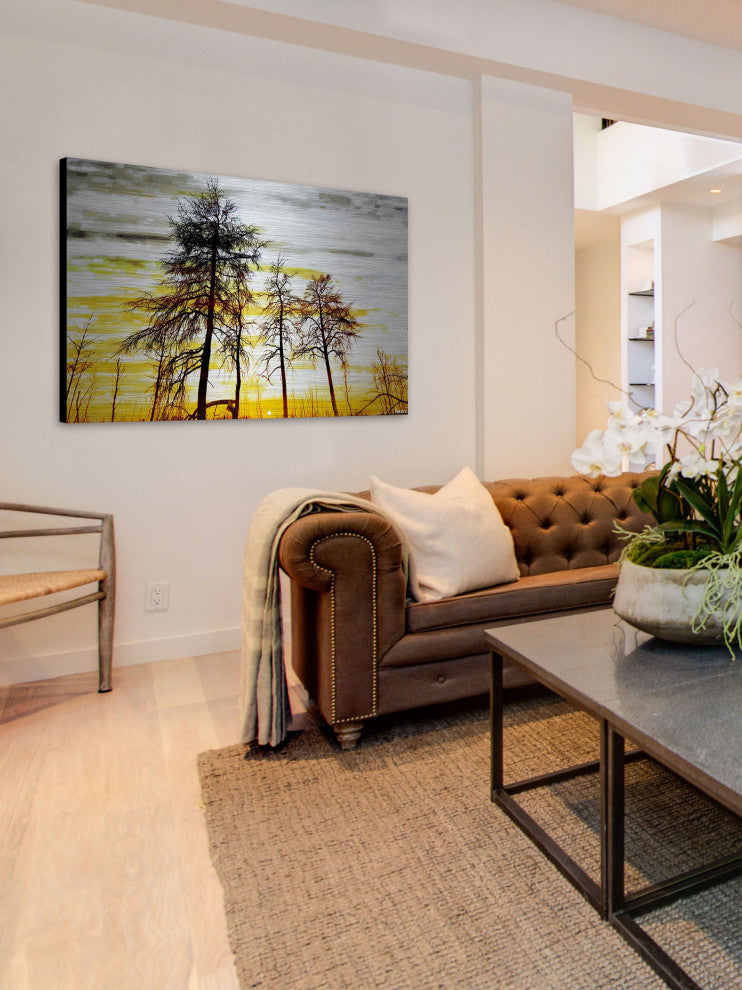 "Trees Against Gold Sky" Print on Brushed Aluminum, 36"x24"