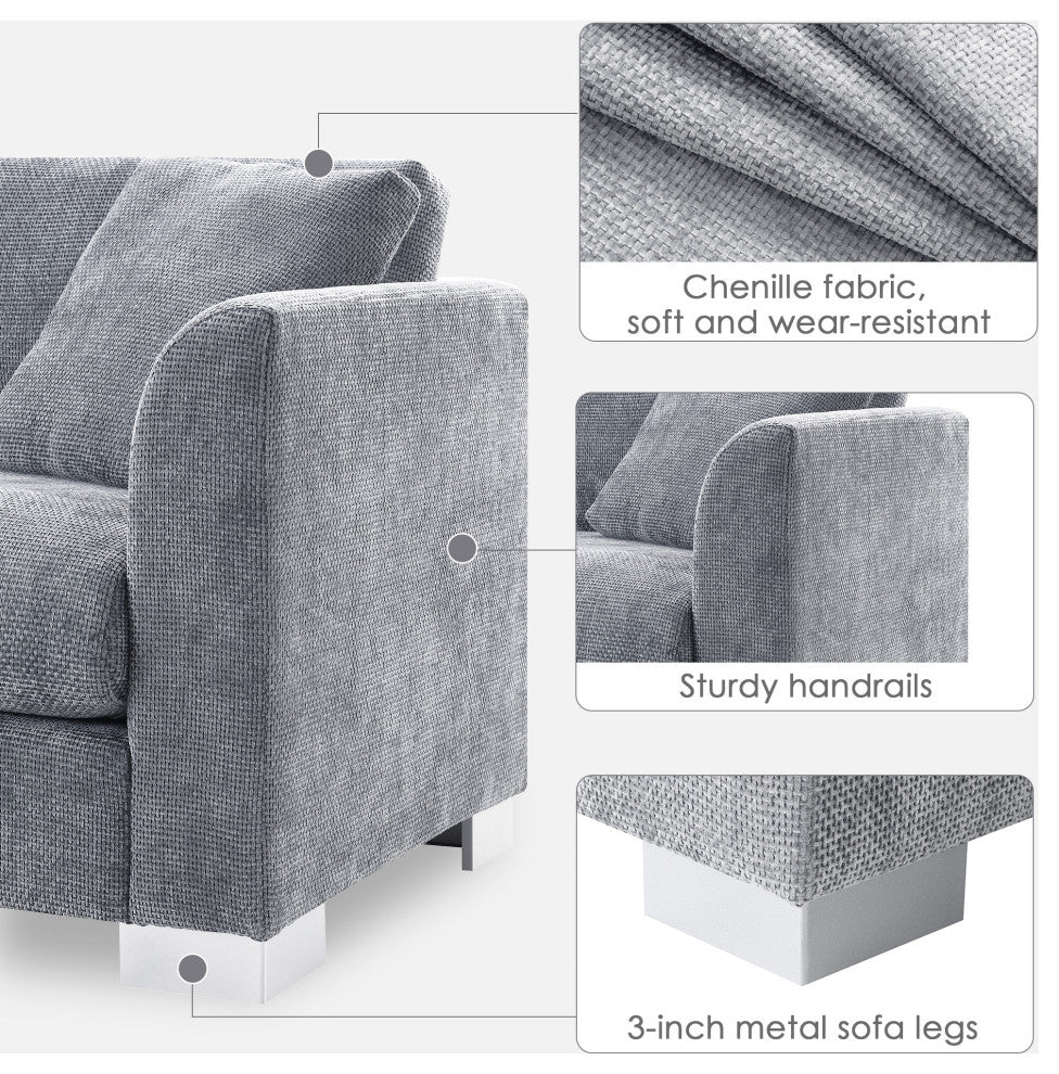 Alice Modern L-Shaped Cloud Chenille Sectional Chaise Sofa With 2 Pillows, Gray