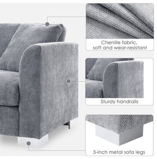 Alice Modern L-Shaped Cloud Chenille Sectional Chaise Sofa with 2 Pillows, Gray