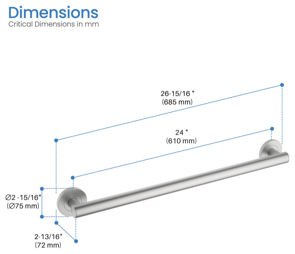 24" Stainless Steel Bathroom Safety Grab Bar, Brushed Nickel