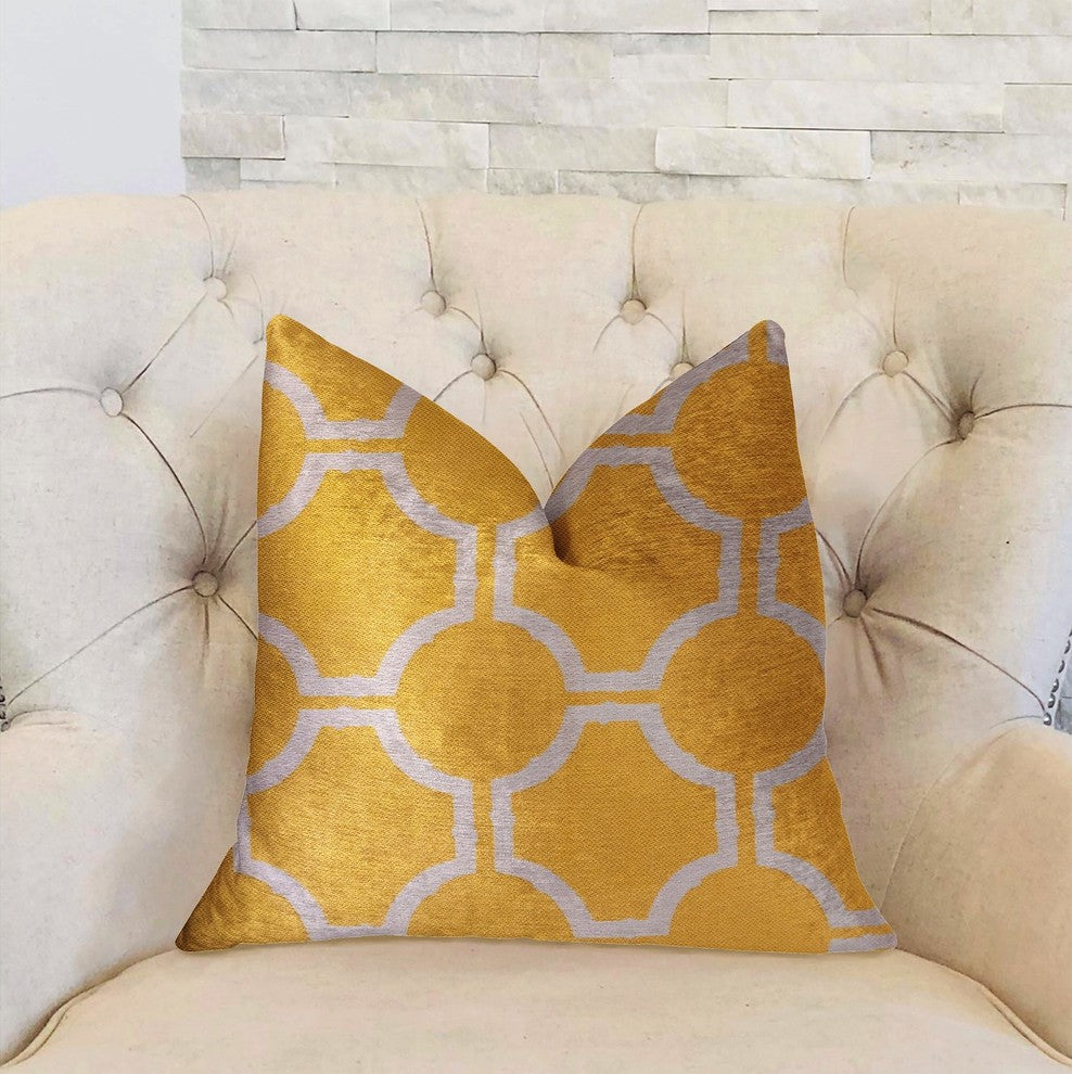 Honeycomb Yellow and Beige Luxury Throw Pillow, 20"x20"