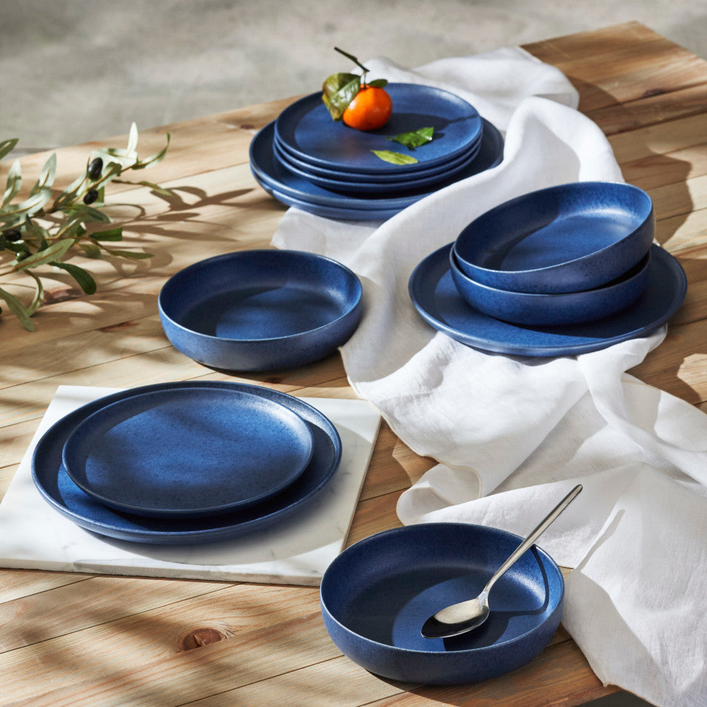 Porto by Stone Lain Macchio Stoneware Dinnerware Set, Blue Matte, 12-Piece