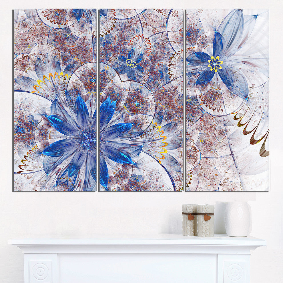 "Blue Brown Grungy Floral Shapes" Metal Wall Art, 3 Panels, 36"x28"