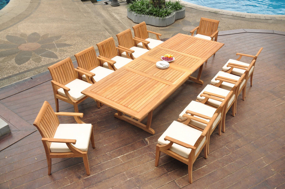13-Piece Outdoor Teak Dining Set: 117" Masc Rectangle Table, 12 Lagos Arm Chairs