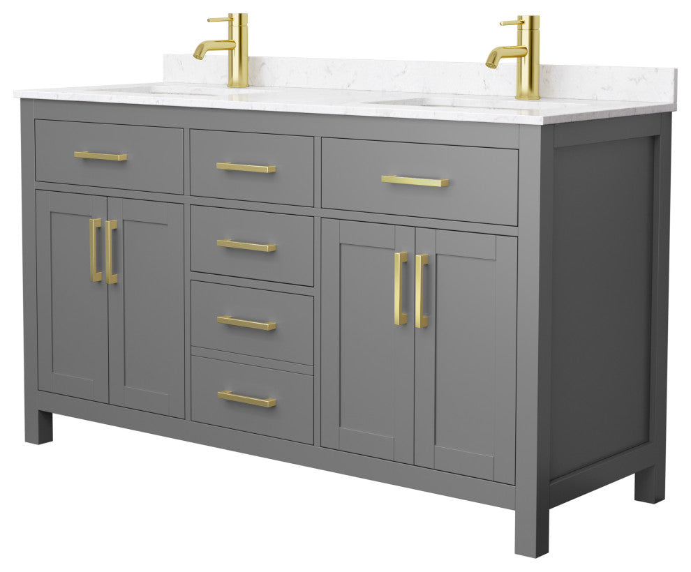 60"DBL Vanity Dark Gray, Carrara Cult. Marble Countertop, Sinks, Gold Trim