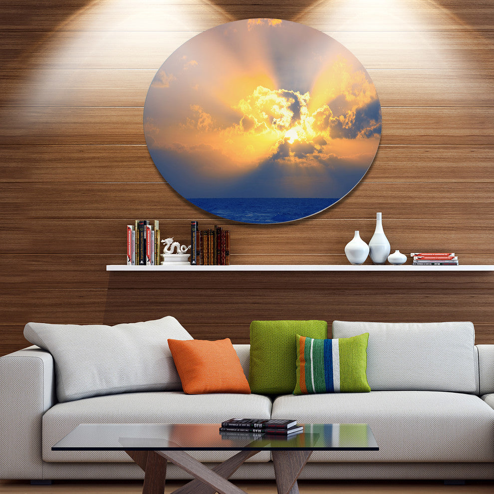 Scenic Yellow Sunset In Ocean, Landscape Disc Metal Artwork, 11"