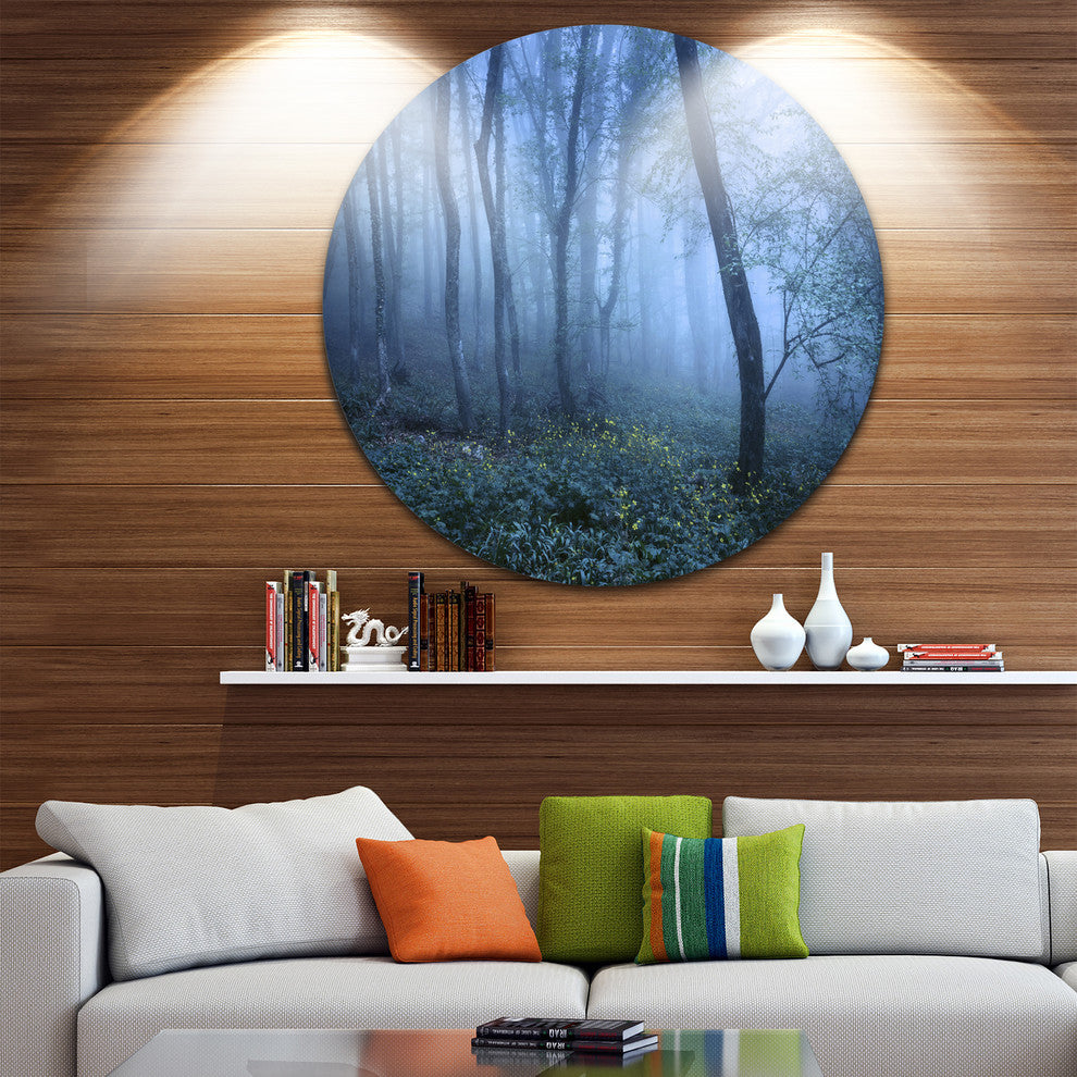 Trail Through Blue Fall Forest, Landscape Round Metal Wall Art, 36"