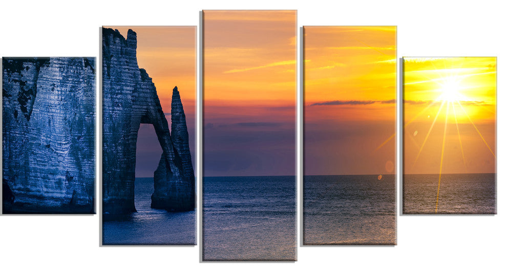 Etretat Cliff Normandy Panorama, Seashore Canvas Wall Art, 60"x32", 5 Panels