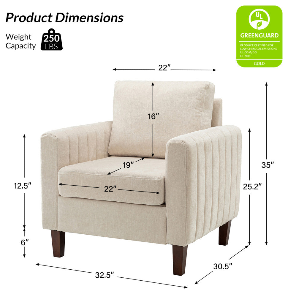 35" Comfy Club Chair for Bedroom With Wood Legs, Ivory