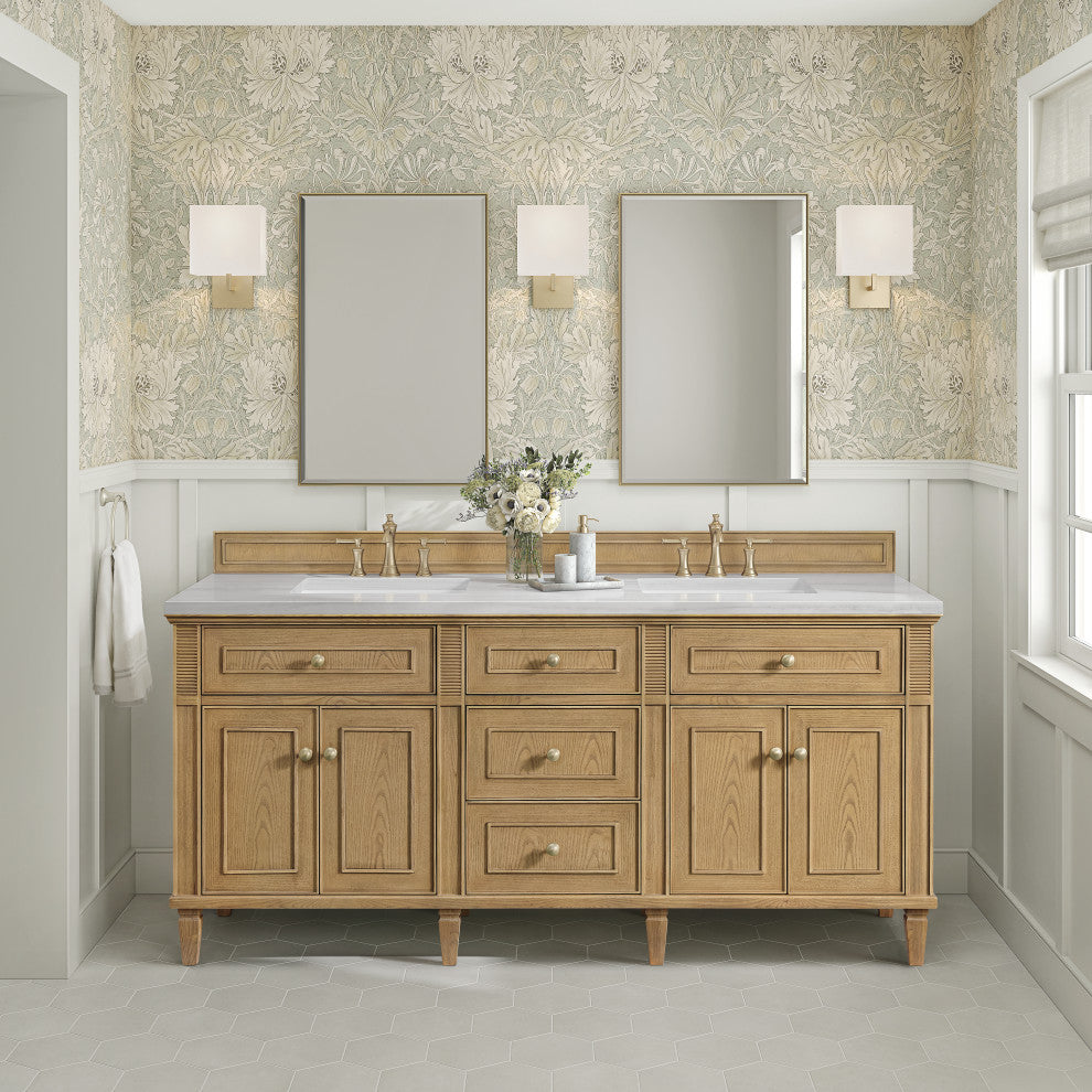 Lorelai 72" Double Vanity, Light Natural Oak, 3 CM Arctic Fall Solid Surface Top