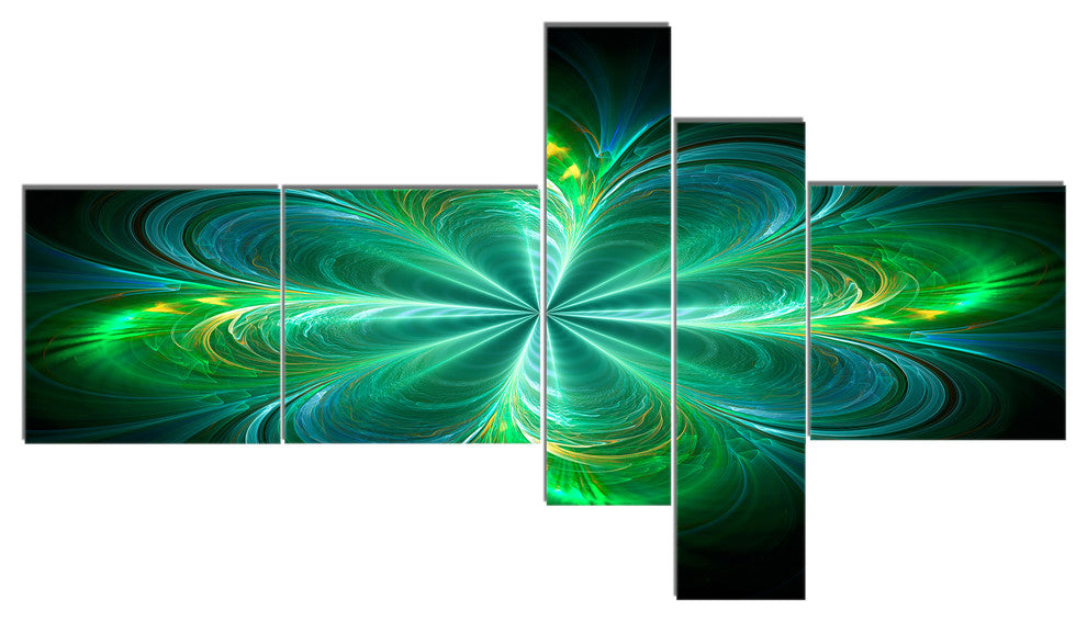 Green Fractal Flower Blooming, Abstract Canvas Art Print, 60"x32", 5 panels