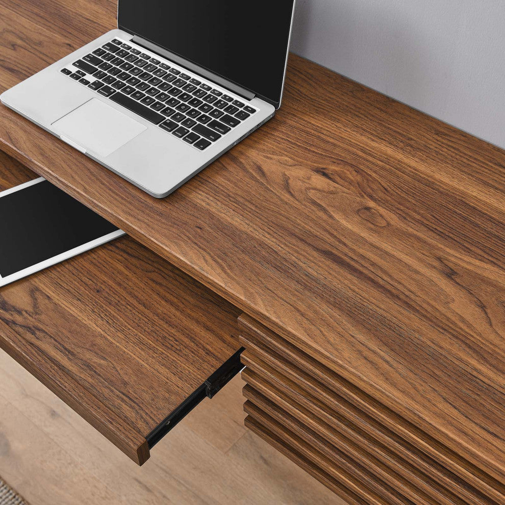 Computer Work Desk, Walnut, Wood, Modern, Mid Century Home Business Office