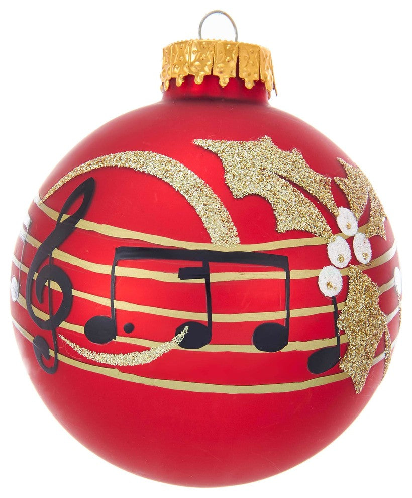 Kurt Adler 80MM Red With Music Notes Glass Ball Ornaments, 6-Piece Set
