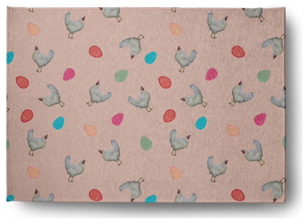 Chickens and Eggs Easter Chenille Rug, Sunwashed Red, 5'x7'