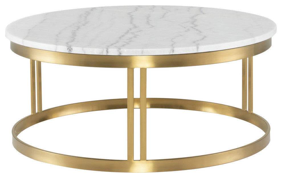 Nicola Round Coffee Table in White Marble and Brushed Gold Stainless Steel