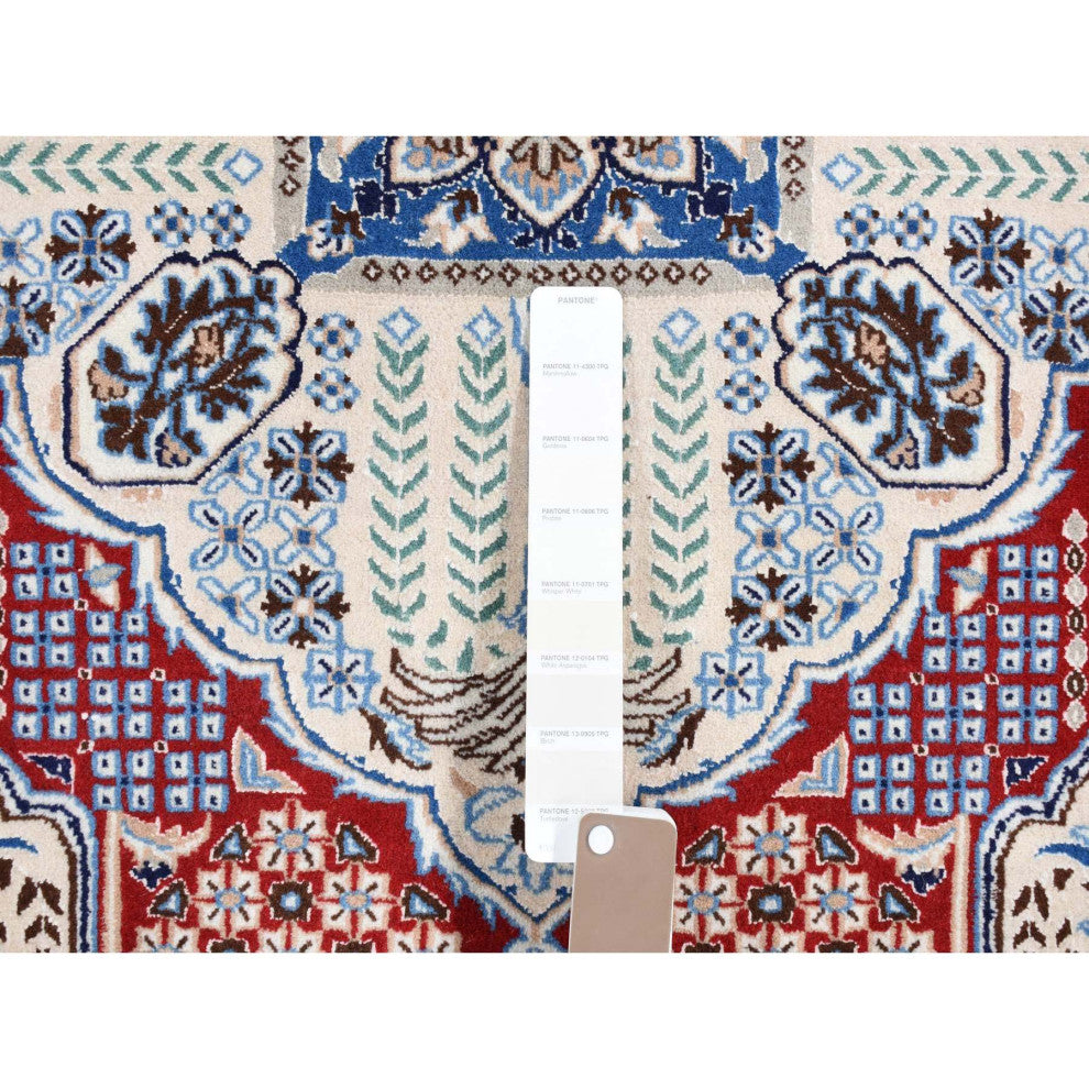 Red New Persian Nain Flower Rosettes Wool and Silk Hand Knotted Rug 7'3"x10'9"