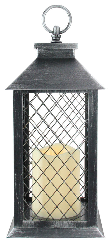 11" Silver Brushed Black Mesh Candle Lantern With Flameless LED Candle