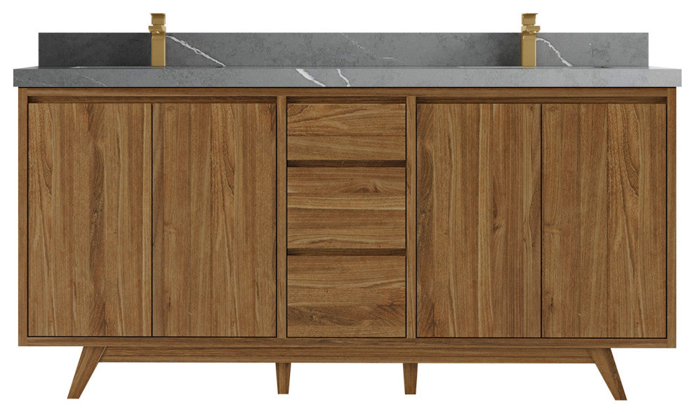Madison Teak 72 Double Sink Bath Vanity in Dark Natural 2" Piatra Gray