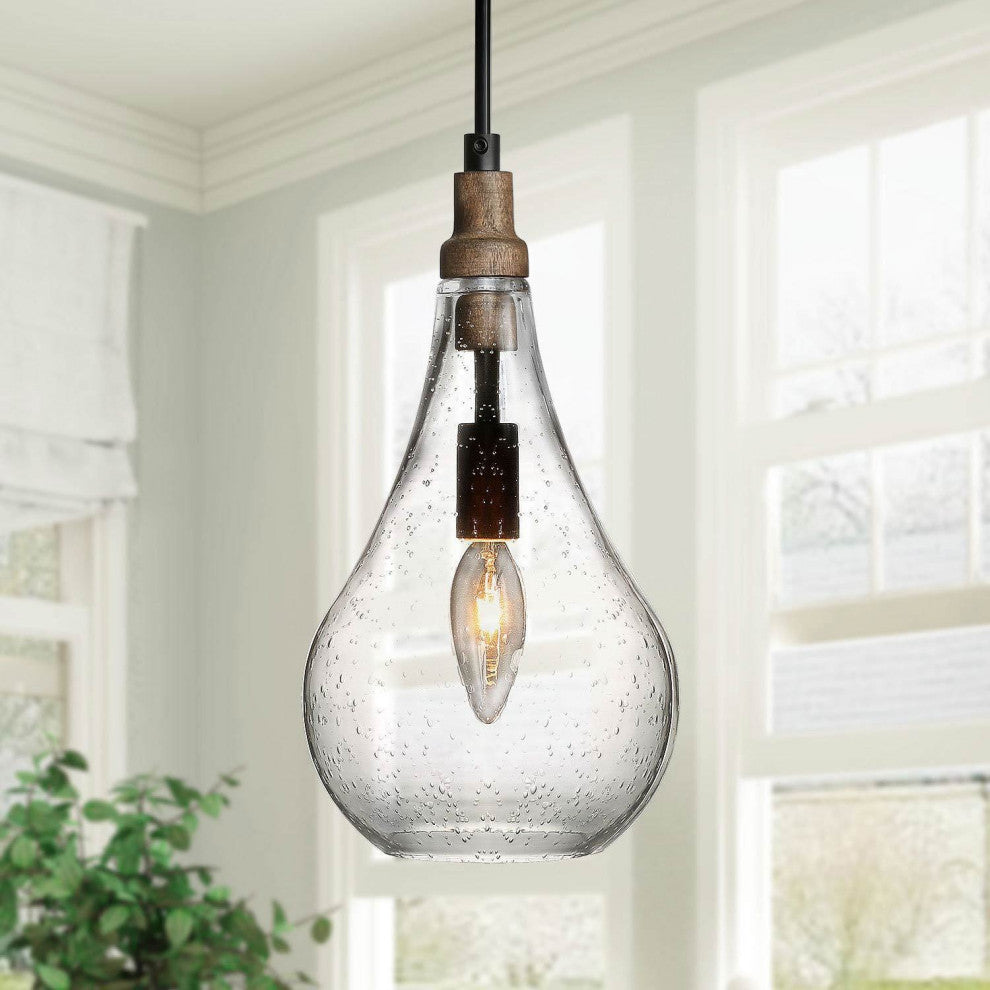 1-Light Black Traditional Seeded Glass Teardrop Mini Pendant Light