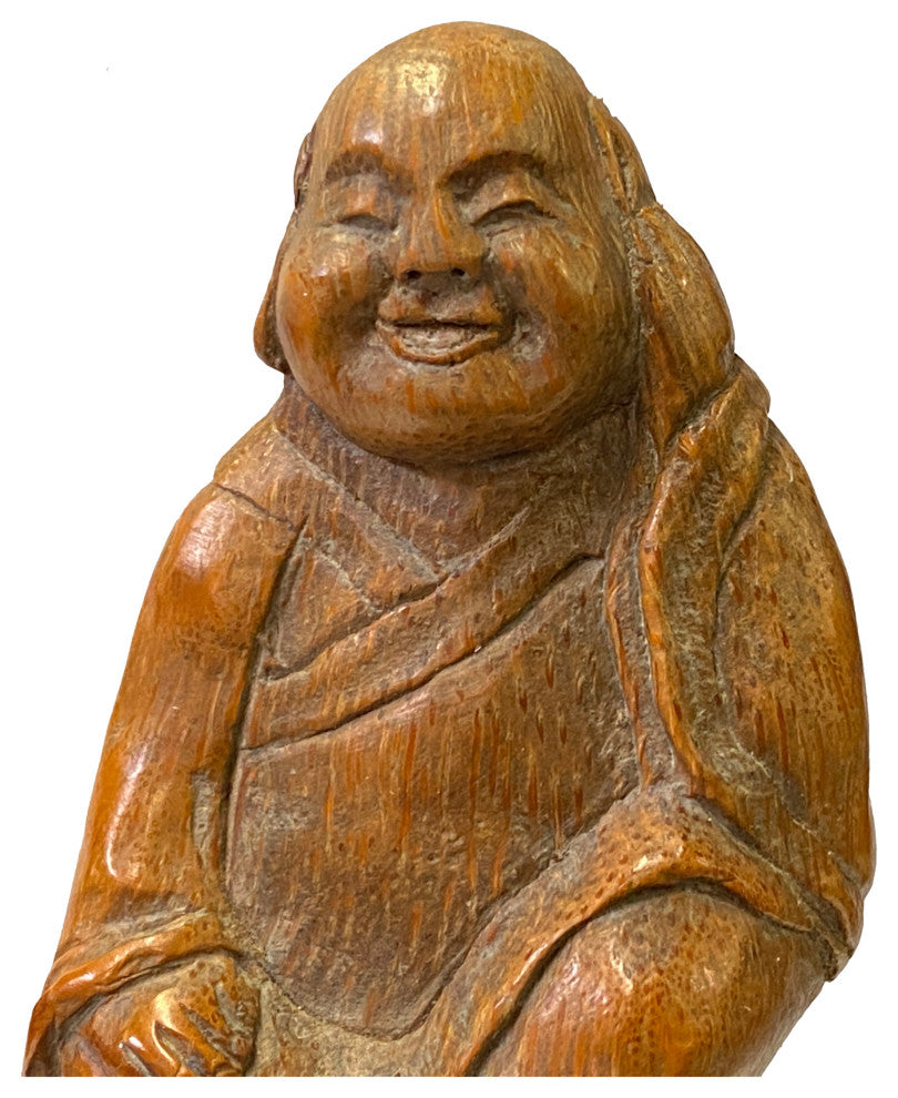 Chinese Bamboo Carved Happy Buddha on Toad Fortune Figure Hws2364