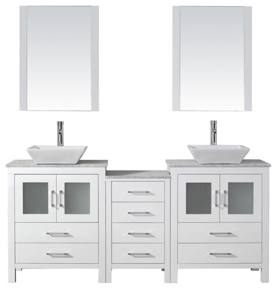 Virtu Dior 74" Double Bathroom Vanity, White With Faucet and Mirrors