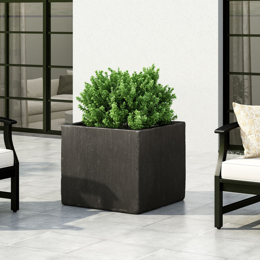 Felipe Outdoor Cast Stone Square Planter, Black, Large