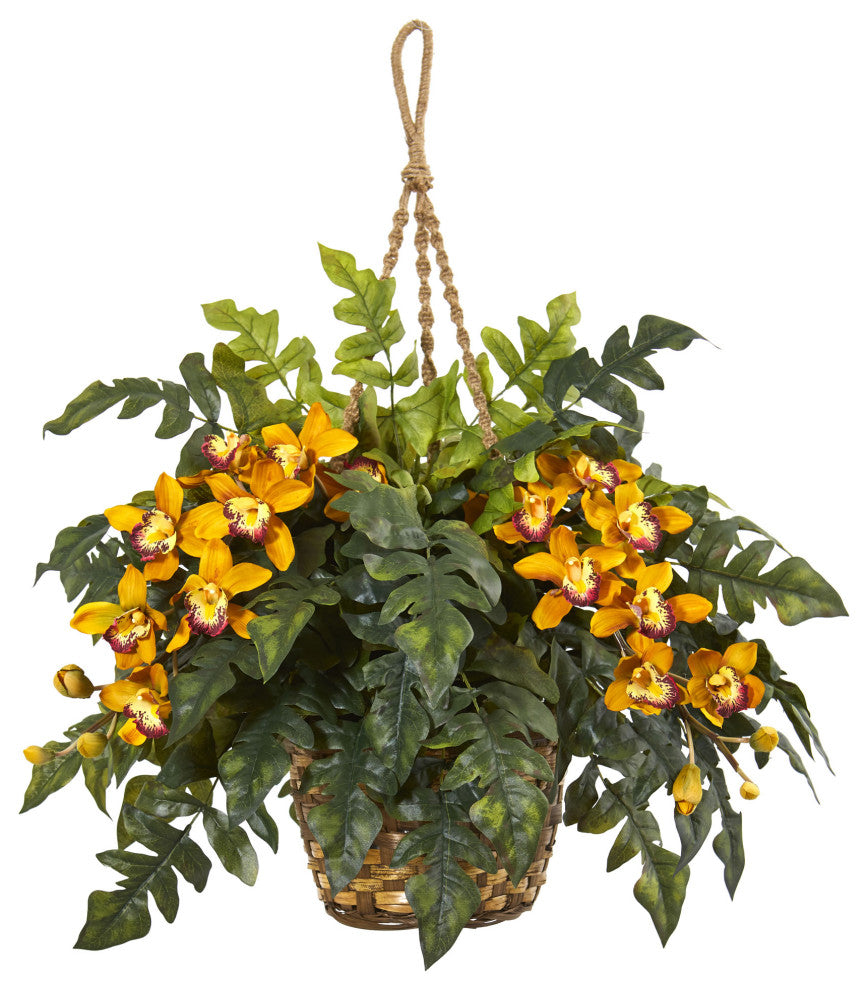 Nearly Natural Cymbidium Orchid & Fern Artificial Arrangement in Hanging Basket