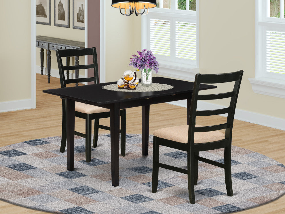 3Pc Dining Set 2 Chairs, Butterfly Leaf Rectangle Dining Table, Black