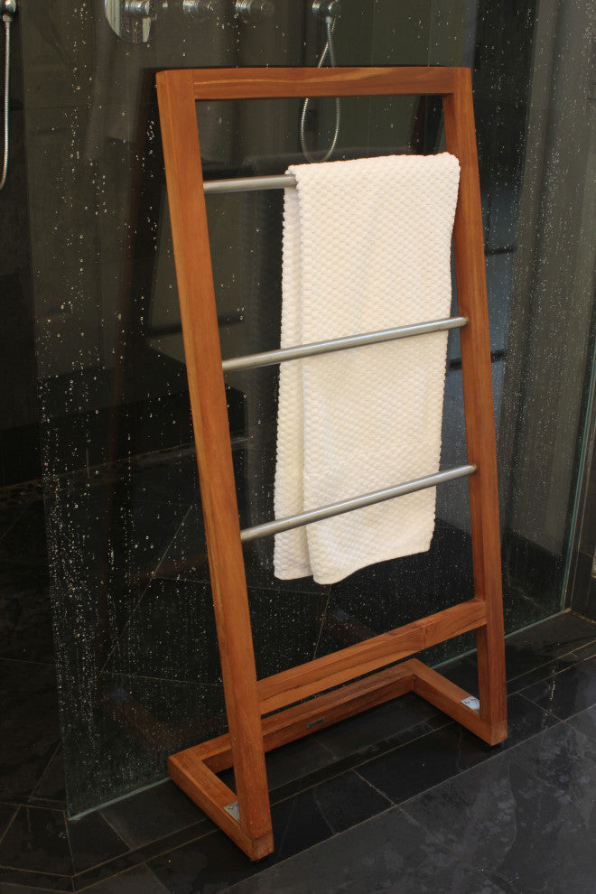 Patented Sula™ Angled Teak & Stainless Towel Stand
