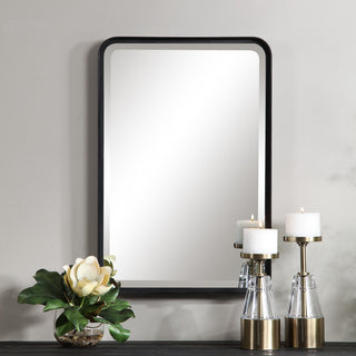 Minimalist Rustic Black Metal Wall Mirror, 30" Thin Frame Curved Edge Vanity