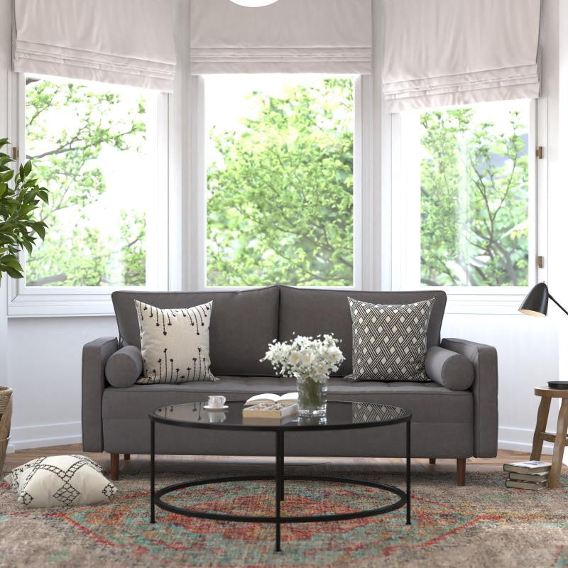 Hudson Mid-Century Modern Sofa With Tufted Upholstery and Solid Wood Legs, Dark Gray