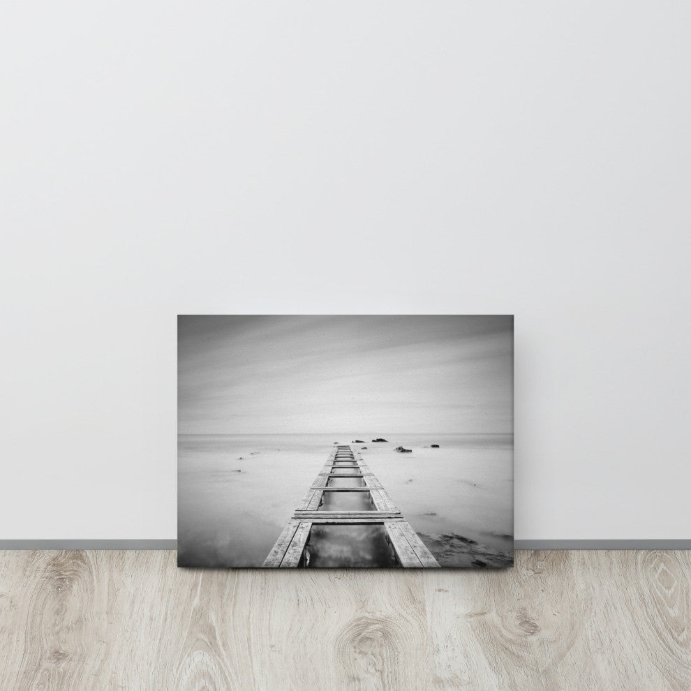 Moody Ocean & Sky Wooden Pier Black & White Landscape Photo Canvas Art Print, 12" X 16"