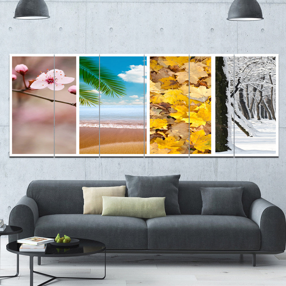 Four Seasons World Collage, Landscape Canvas Art Print, 70"x28", 6 Panels