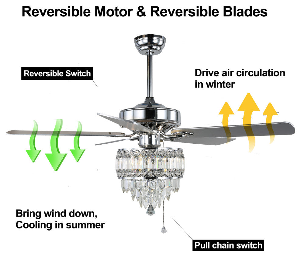 52" Black Crystal Reversible Ceiling Fan with 5 Wood Blades and Remote Control, Chrome, 52"
