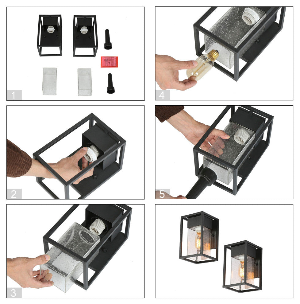 1-Light  Matte Black with Rectangle Seeded Glass(Set Of 2) Outdoor Wall Light