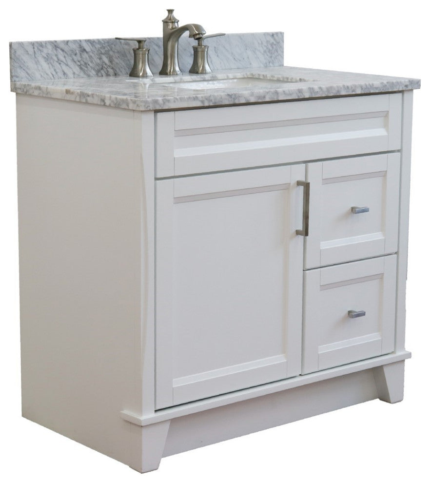 37" Single Sink Vanity, White Finish With White Carrara Marble