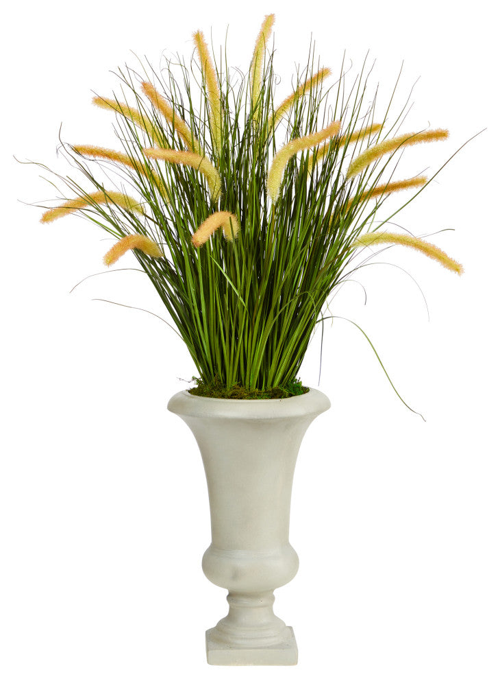 34" Onion Grass Artificial Plant, Sand Colored Urn