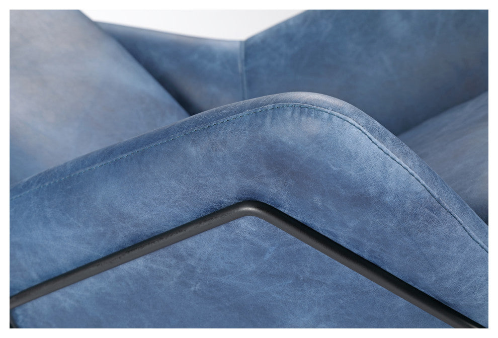 Modern Club Chair Blue Top Grain Leather Armchair for Living Room