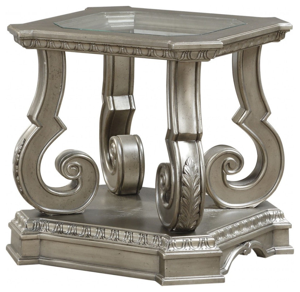24" X 26" X 25" Antique Champagne Clear Glass Wood Poly-Resin End Table