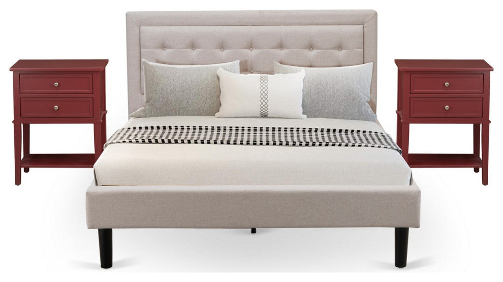 3Pc Fannin Queen Bed Set, 1 Queen Size Frame, 2 Small Nightstands, Mist Beige