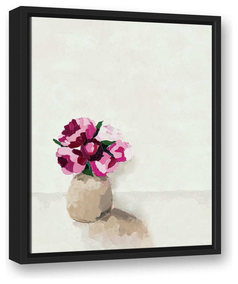 "Pink Flowers In A Vase" Black Floating Framed Canvas, 16"x20"