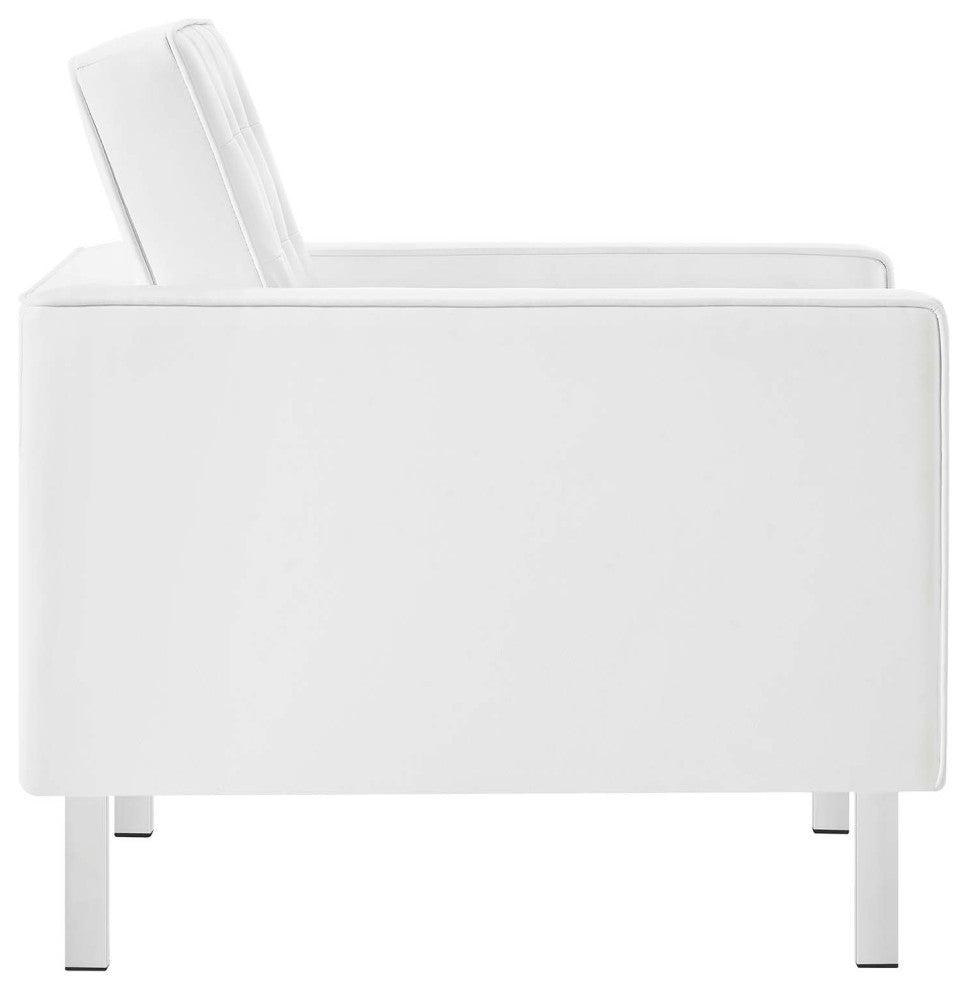 Loft Tufted Vegan Leather Armchair and Ottoman Set, Silver White
