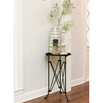 Round Pine Wood Accent Table With Metal Frame, Black