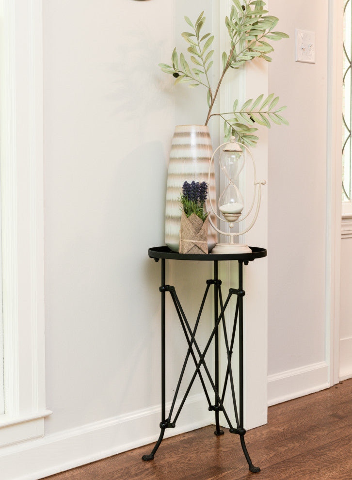 Round Pine Wood Accent Table With Metal Frame, Black